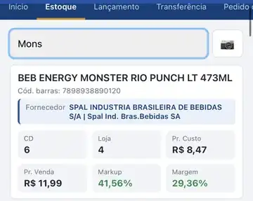 Tela do CD Web no celular mostrando estoque do depósito e da loja, custo, venda, markup e margem de um produto