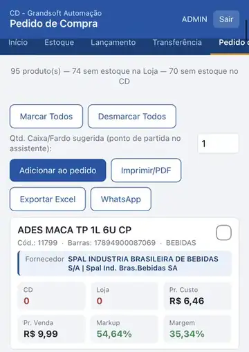 Tela de pedido de compra no celular com produtos sem estoque na loja e no depósito
