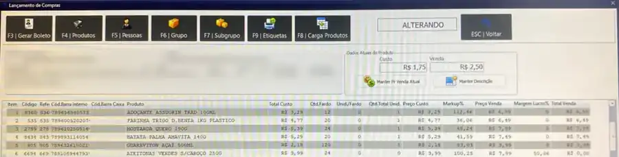 Tela de lançamento de compras do sistema Grandsoft, com itens da nota, custo, markup e preço de venda